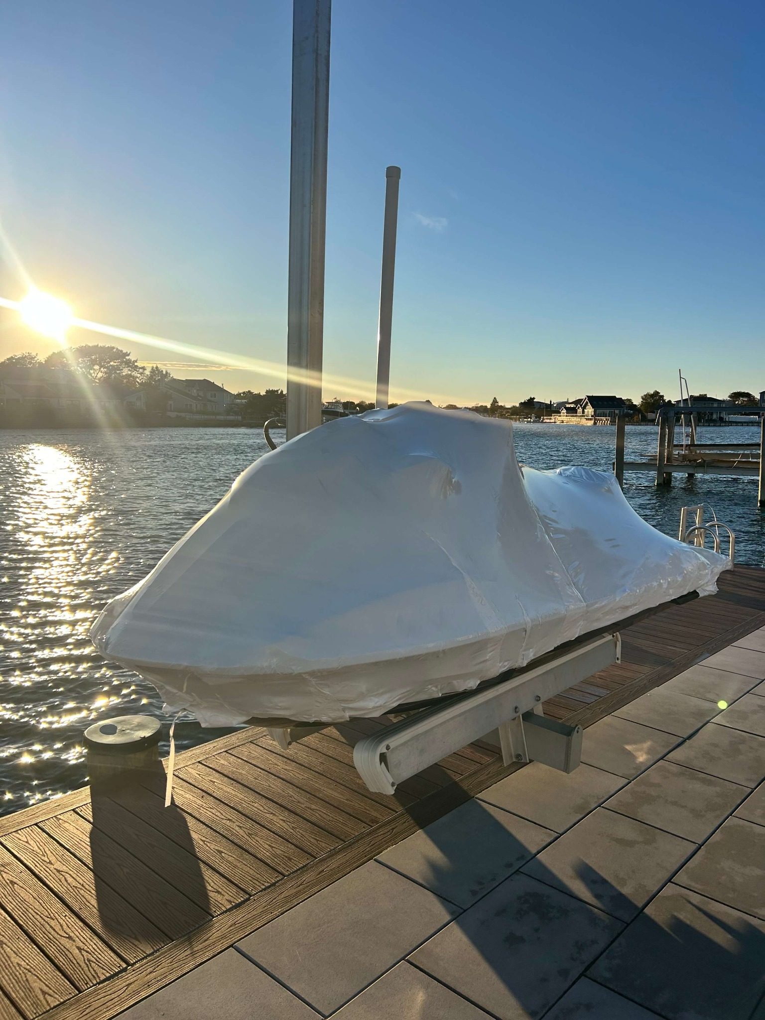 Jet ski shrink wrapped at sunset — Long Island