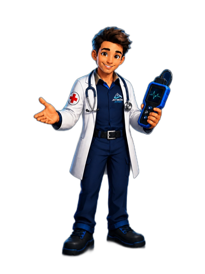 The LI Jet Ski Doctor — Jetmore Jetski Inc. mascot holding a PWC computer diagnostic tool